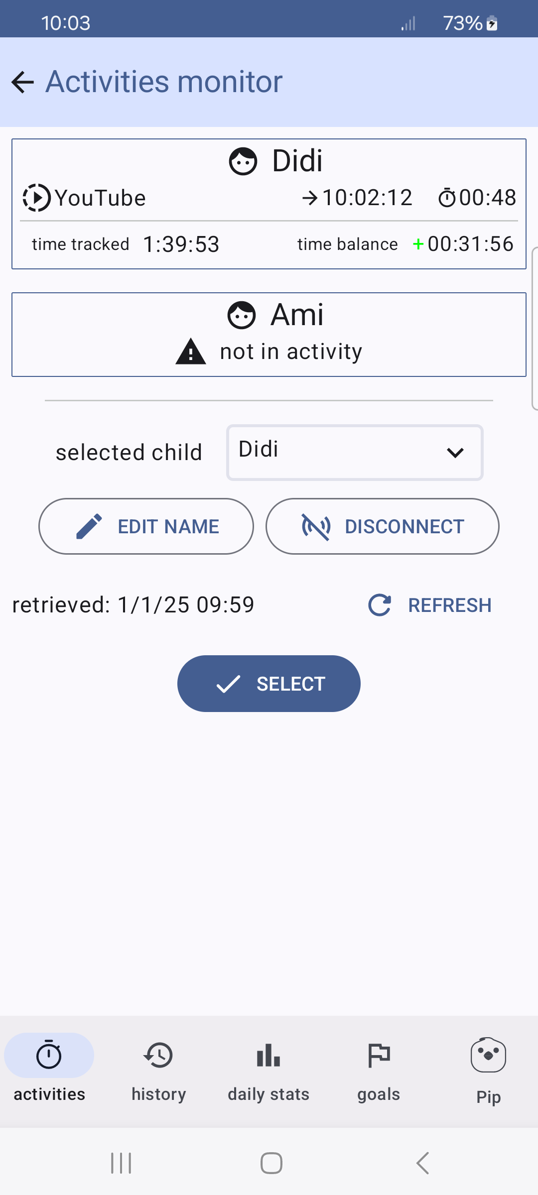 monitoring screen when child selected