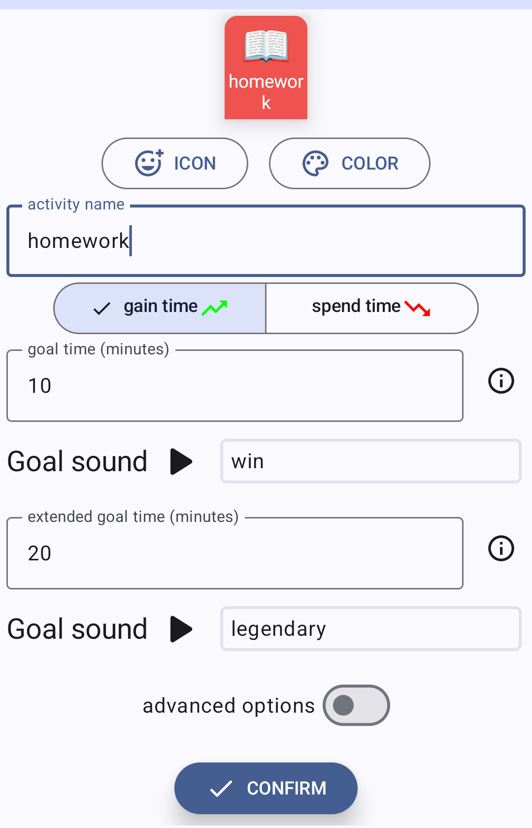 the create activity options: gain time